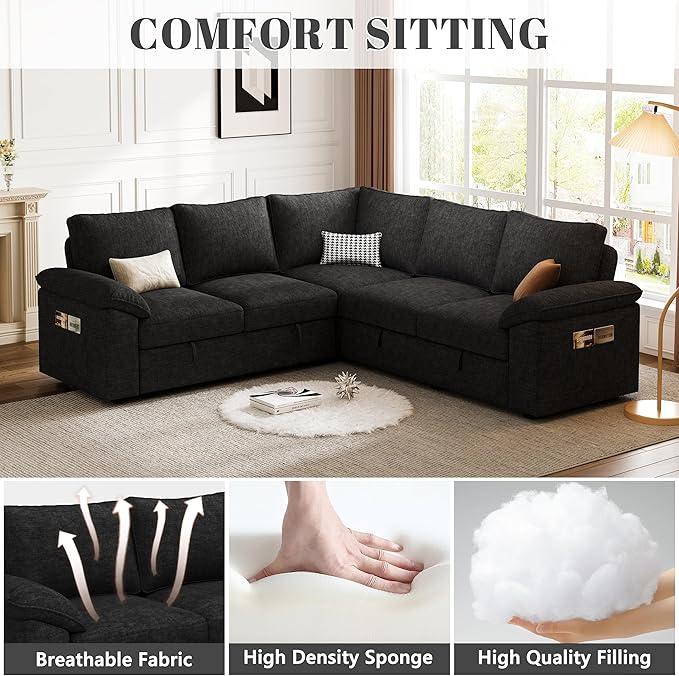 85 Inch Modular Sectional Sofa with Pull Out Bed,L Shaped 5 Seat Sectional Sleeper Sofa with Storage,Sectional Couches for Living Room,Cloud Modular Couch,Removable Sofa Cover,Black