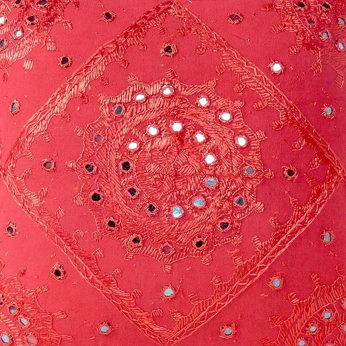 Eyes of India Embroidered Decorative Boho Throw Pillow Cover with Mirrors, Handmade Bohemian Accent Cushion Case for Sofa Couch Bedroom Living Room (Red, 24" x 24")