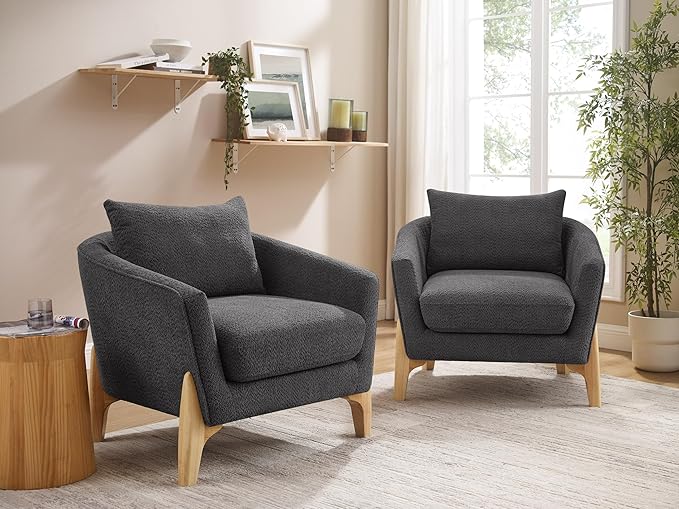 Accent Chair 31" Oversized Reading Chair Comfy Upholstered Boucle Lounge Armchair, Modern Living Room Chair with Back Pillow,Single Sofa Chair for Bedroom, Office (Grey)