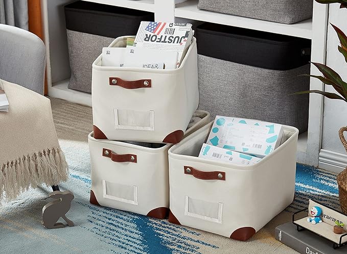 DECOMOMO White Storage Bins Fabric Storage Baskets for Shelves & Linen Closet Organization (Creamy White W/Label holder, Large - 3 Pack)