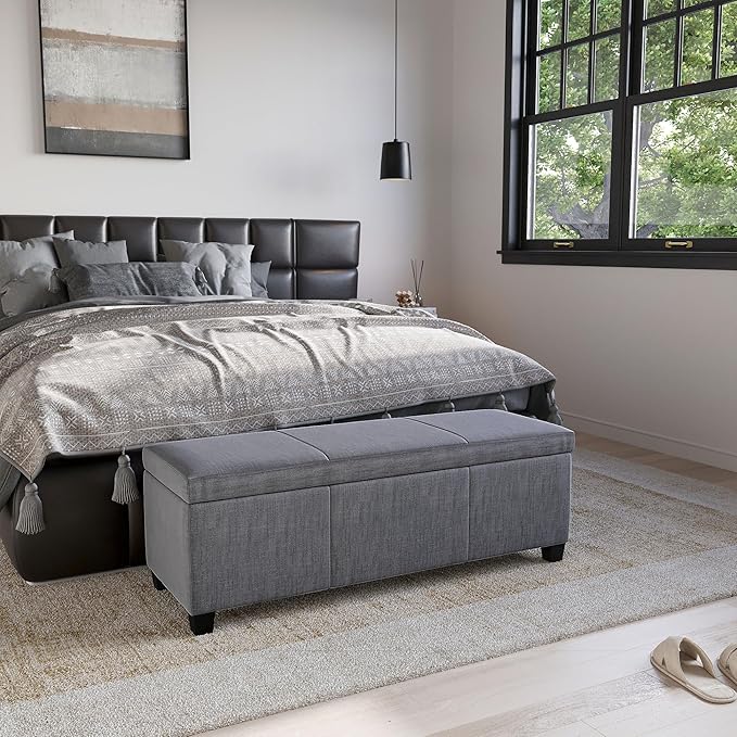 BELLEZE Storage Ottoman, 47 Inch Bench Bedroom Bench with Safety Close Hinge, Extra Long Ottoman with Storage for Living Room, Entryway, Hallway, Foot Rest, Support 300lbs - Gray