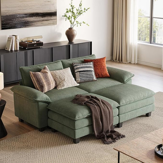 LINSY HOME Modular Sectional Sofa - 90'' Sleeper Sofa Cloud Couch Oversized Corduroy Sofa Bed with Movable Ottoman Soft Modern Comfy Couch for Living Room Apartment Office, Green