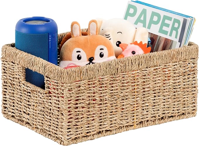 CENBOSS Wicker Baskets (Large, Seagrass, 1PC) Rattan Storage Baskets for Shelves, Woven Seagrass Holder