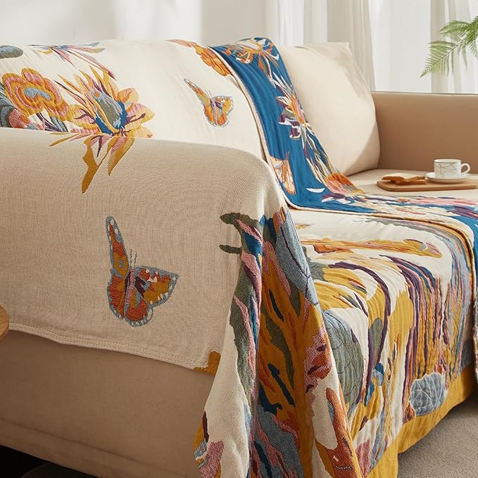 Boho Throw Blanket for Couch Sofa Bed, 100% Cotton Woven Quilt with Tassel 80”x90”, Super Soft Muslin Blanket with Floral Printed, Decorative Reversible Bed Blanket/Cover for All Seasons