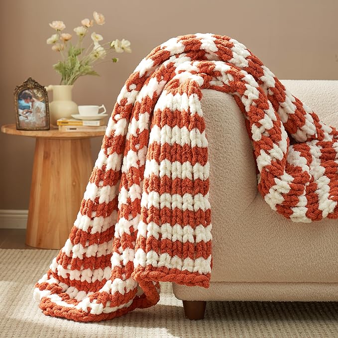 Amélie Home Chunky Knit Throw Blanket for Couch, Soft Chenille Crochet Blanket for Sofa, 50"x60", Burnt Orange & White Striped