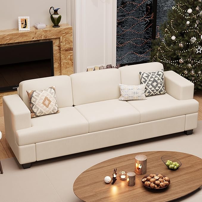 89" White Corduroy Sofa for Living Room, 3 Seater Cloud Couch, Deep Seat Floor Couch for Bedroom, Futon Modern Sofa Bed, White Corduroy