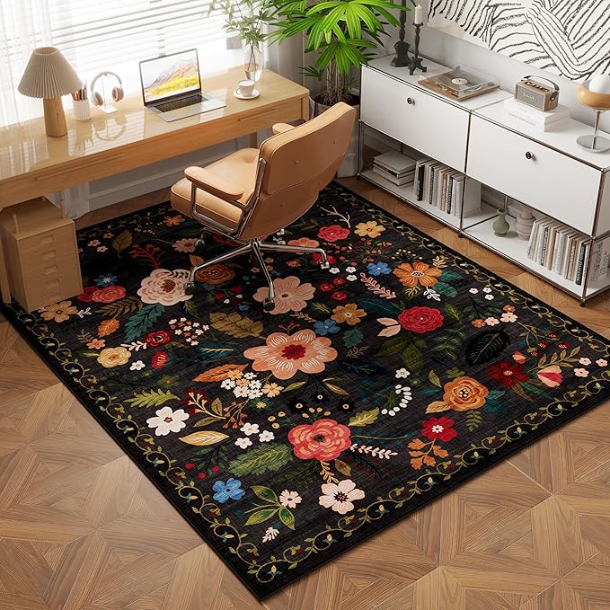 Bedroom Rug 3x5 Rug Washable Area Rug Non Slip Low Pile Boho Floral Small Carpet for Bedroom, Bedside, Kitchen, Entryway, Kids Room, Office, College Dorm Essentials for Girls(Black)