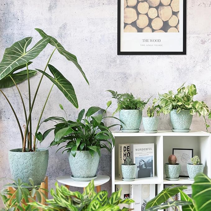 8 Inch + 6 Inch Plant Pots for Indoor Plants, Ceramic Planter with Drainage Hole and Saucers, Garden Pots for Succulent, Orchid, and Flower, Set of 2