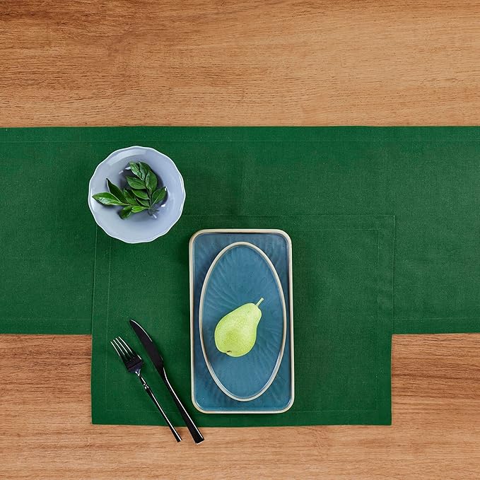 Solino Home Linen Table Runner 48 Inches - 100% Pure Linen Pine Green Table Runner 14 x 48 Inch Ideal for Dresser and Coffee Tables - Fall, Autumn, Thanksgiving - Fete