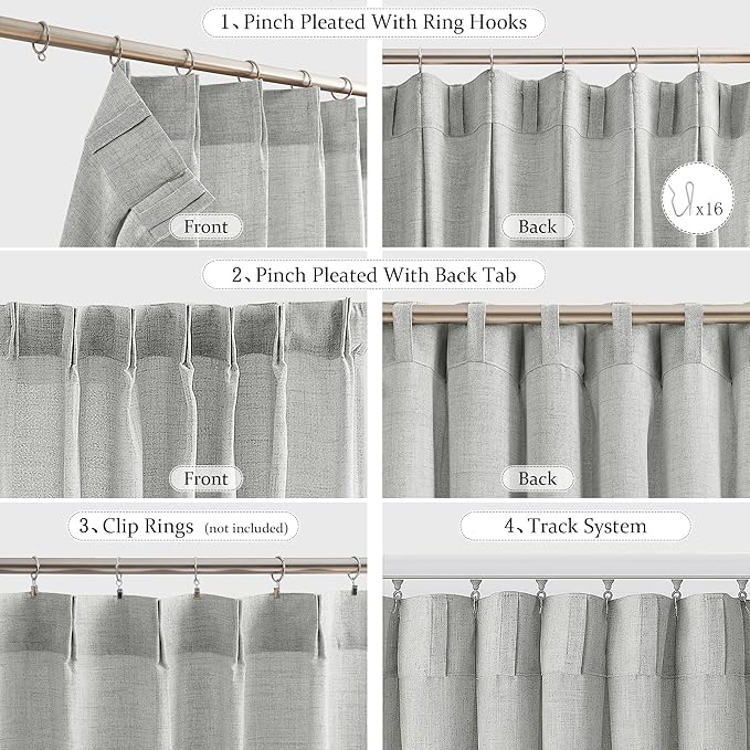 FMFUNCTEX Pinch Pleated Curtains 96 Inches Long for Living Room, Grey Semi Sheer Faux Linen Textured Pleat Drapes for Bedroom with Hooks, Light Filtering Farmhouse Window Drapes 2 Panels