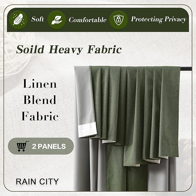 102 Inch Long Linen Blended Blackout Curtains 2 Panels, Back Tab Pleated Look Drapes for Track System with Hooks, Noise Reducing Country Blackout Winodw Curtains 50x102-Loden/Olive Green