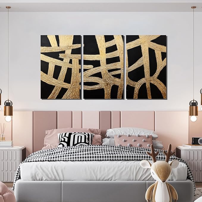 Canvas Wall Art Decor Large Wall Art Pictures for Living Room Black And Gold Wall Art Decor Artwork for Walls Abstract Textured Wall Art Prints Art Work For Room Office Home Wall Decor 24" X 36" *3pcs