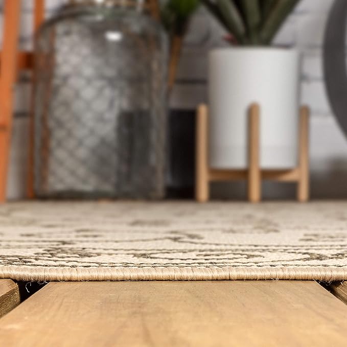 JONATHAN Y Vintage Filigree Indoor Outdoor Round Area Rug 9 Ft Beige/Brown, Charleston Textured Weave for Backyard, Patio, Porch, Easy-Cleaning, High Traffic, Pet-Friendly, Non-Shedding (SMB106A-9R)