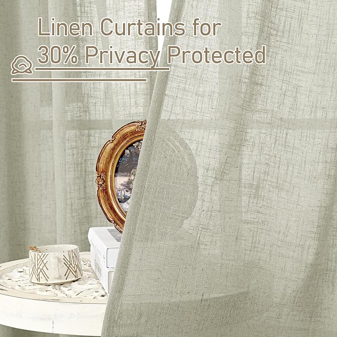 LAMIT Sage Grey Linen Curtains 72 Inch for Living Room 2 Panels, Linen Textured Light Filtering Semi Sheer Bronze Grommet Privacy Panels for Bedroom/Farmhouse, 52 x 72 Inch