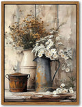 Floating Framed Farmhouse Vintage Canvas Wall Art, Country Floral Daisy Pictures Wall Decor, Wood Grain Art Paintings Poster for Living Room Bedroom Bathroom Rustic Decor 12x16 inch