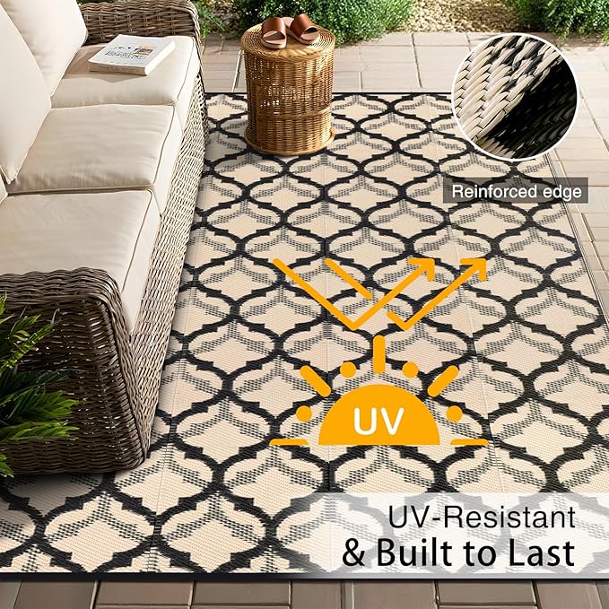 OLANLY Reversible Outdoor Rug 8x10 ft Clearance, Waterproof Outdoor Plastic Straw Rug with Interlacing Pattern, RV Mat for Patio, Camping, Balcony, Deck, Backyard, Black & Beige