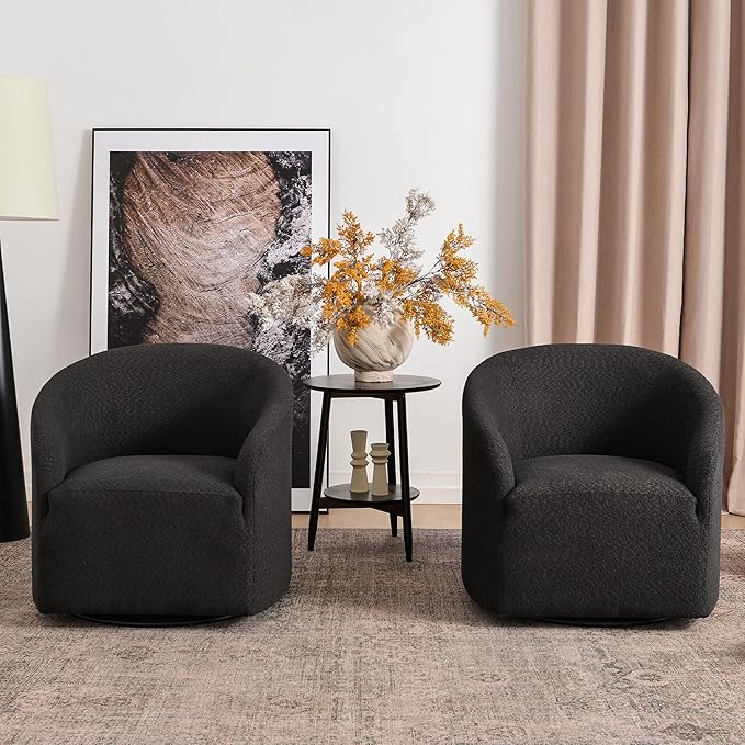 KINWELL 32" Wide Modern Boucle Swivel Barrel Chairs Set of 2, No Assembly Round Upholstered Swivel Accent Armchairs for Living Room, Bedroom (Black)