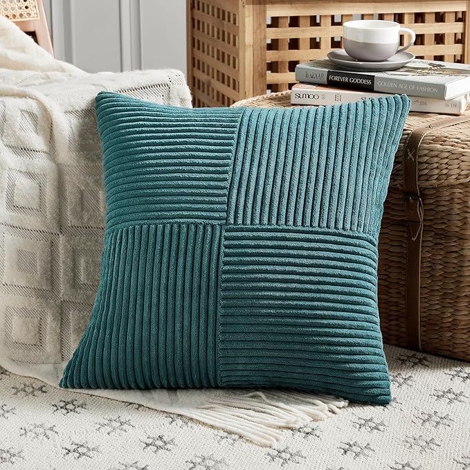 Fancy Homi 2 Packs Teal Decorative Throw Pillow Covers 20x20 Inch for Living Room Couch Bed Sofa, Rustic Farmhouse Boho Home Decor, Soft Corss Corduroy Patchwork Accent Square Cushion Case 50x50 cm