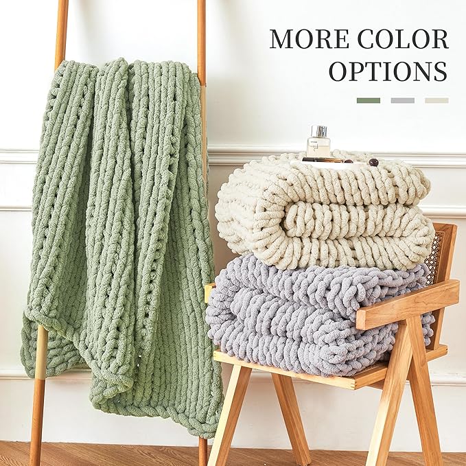 Admitrack Chunky Knit Blanket Throw, 100% Hand Knit Chenille Throw Blanket for Sofa & Home Decor, Soft and Cozy Knitted Throw Blankets (Sage Green，51"x63")
