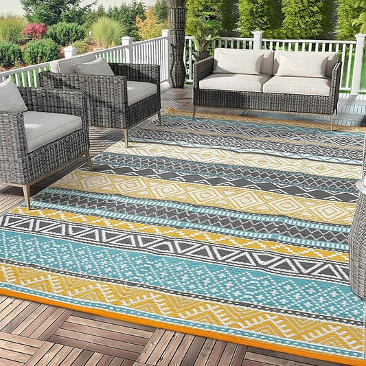 GAOMON Outdoor Rug Waterproof 8'x10', Reversible Outdoor Plastic Straw Rug, Boho Patio Rug, Indoor Outdoor Carpet, RV Mat Outside for Patio, Camp, Picnic, Balcony, Deck, Teal/Yellow(Bohemia)