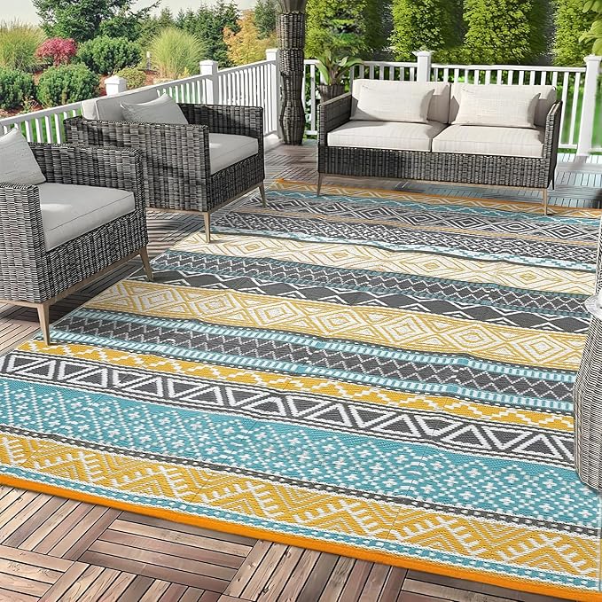 GAOMON Outdoor Rug for Patio 5'x8' Reversible Plastic Rugs Camping Mat for Outdoor, RV, Backyard, Deck, Balcony, Picnic, Beach, Teal/Yellow(Bohemia)