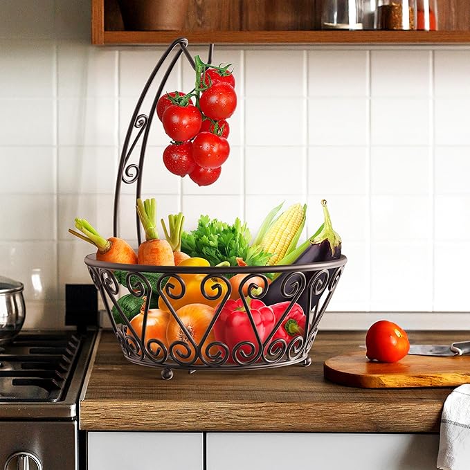 SimpleHouseware Fruit Basket Bowl with Banana Tree Hanger, Bronze