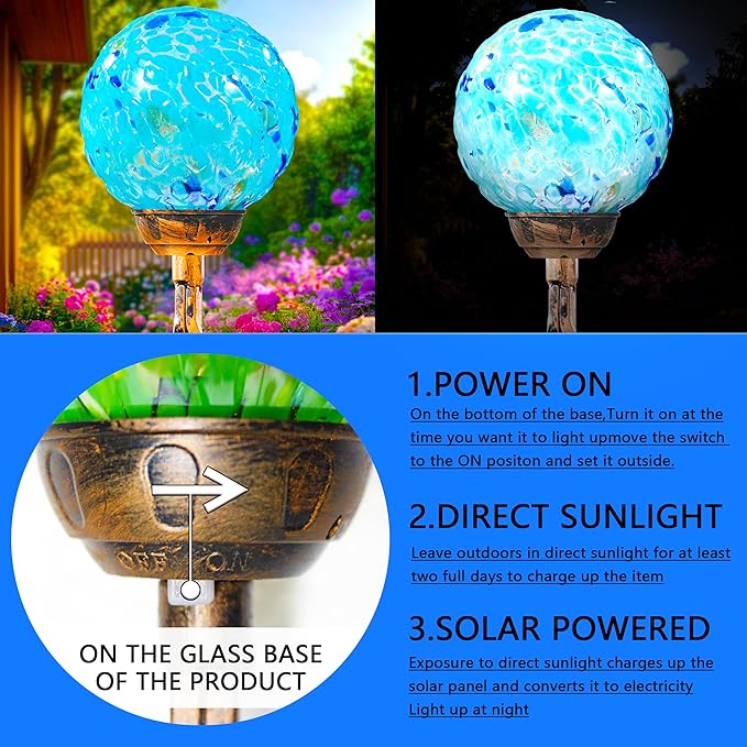 Garden Solar Lights, Decorative LED Honeycomb Glass Ball Garden Stake, Glass and Metal Outdoor Decoration, 4 x 31 Inch (Light Blue)