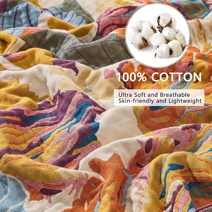Boho Throw Blanket for Bed, Sofa,Cozy Warm Lightweight Fall Throw Blankets,100% Woven Cotton Southwestern Farmhouse Floral Decor Reversible Blanket, Chair, Picnic Blanket, 50"x60"