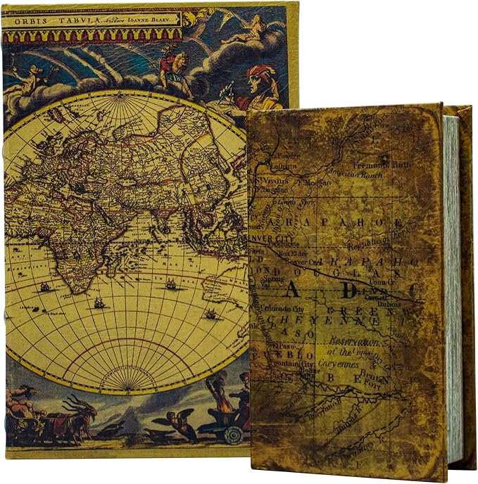 Decorative Book Box Set of 2, Trinket Keepsake Storage Boxes Book Shaped Storage Box Vintage Style Decorative Faux Books Boxes Globe Antique Books for Home Decoration Old World Map Pattern