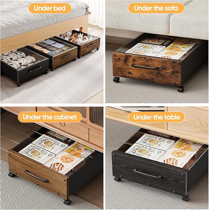 Wooden Under Bed Storage with Wheels, Rolling Under the Bed Storage Bins with Removable Lid, Metal Under Bed Drawers for Clothes and Shoes in Bedroom or Living Room(Vintage Brown-1pack)