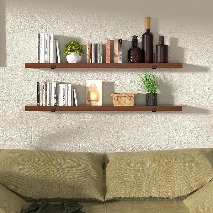 CONSDAN Floating Shelves for Wall Mounted Book Shelf Hanging Shelves Floating Bookshelf for Bedroom, Bathroom, Living Room, Kitchen USA Grown Solid Hardwood, Dark Maple 60x7.5x1.5 in (Set of 2)