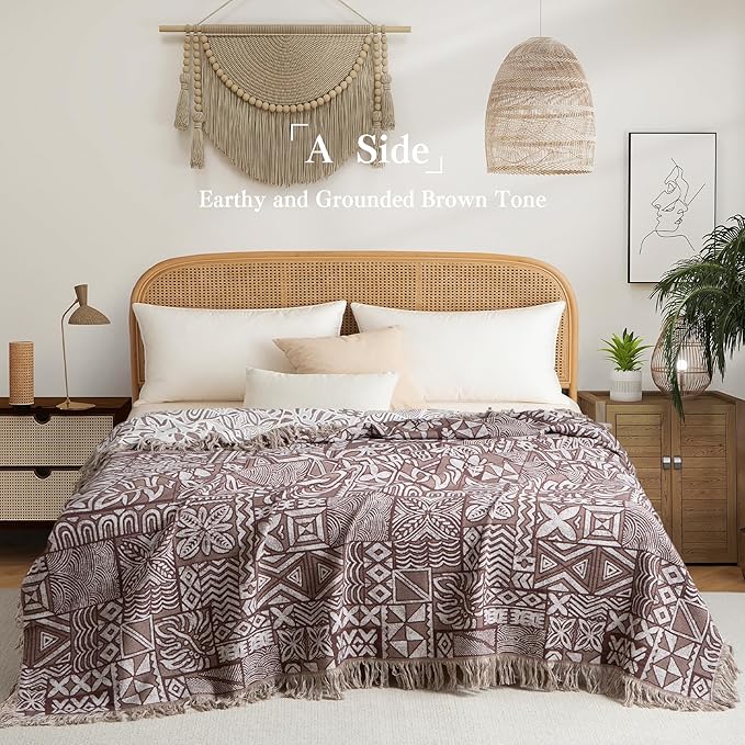 Boho Throw Blanket Full Size, Extra Large Soft Cozy Cotton Muslin Quilt Blanket for Bed Decor, Patchwork Block Couch Sofa Chair Cover, Vintage Farmhouse Cottage Woven Blanket, Brown&White