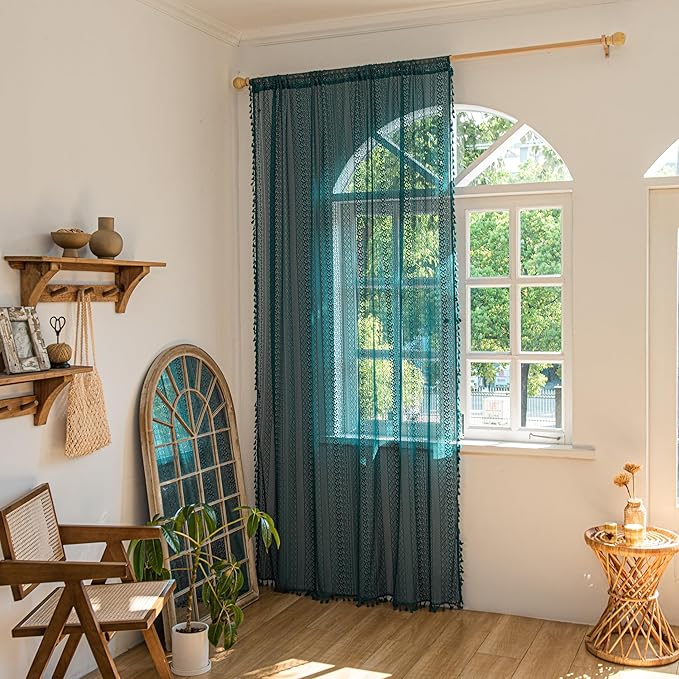 Sutuo Home Boho Curtains 108 inches Long for Bedroom Living Room Patio Doorway, Crochet Lace Sheer Bohemian with Tassels,Window Treatment Drapes, Single 1 Panel 59" W x 108" L, Turquoise