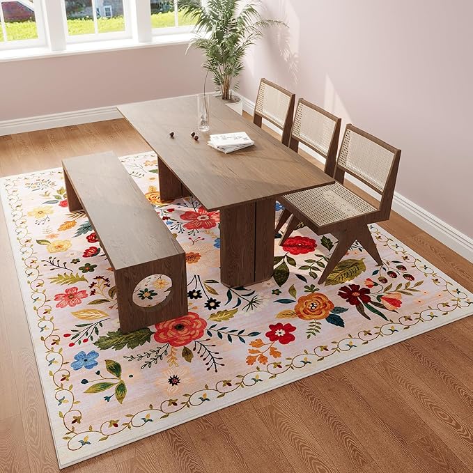 Living Room Rug 5x7 Rug Machine Washable Boho Area Rug Non Slip Floral Vintage Low Pile Large Rugs for Living Room, Bedroom, Farmhouse, Dining Room, Kids Playroom(Beige)