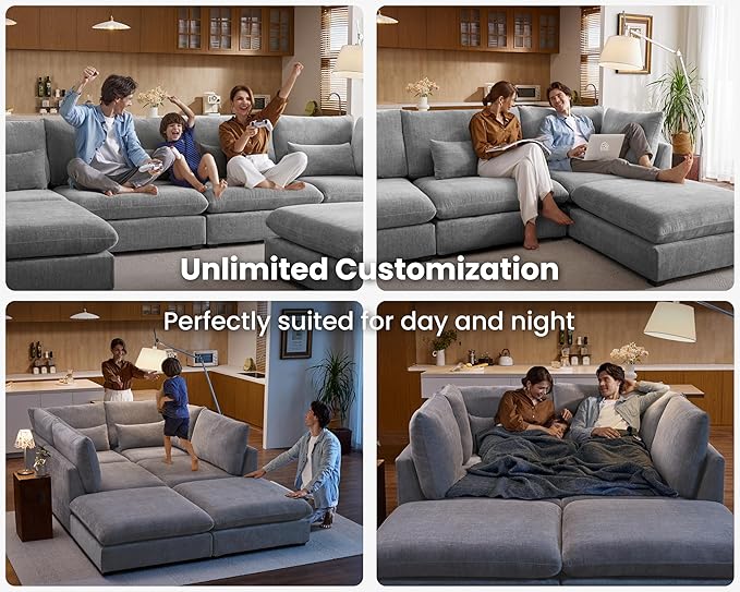 Oversized Modular Sofa, Extra Deep Cloud Chenille Sectional Couch with Ottoman Chaise, Fluffy Chenille 5 Seater Sofa Bed for Living Room, Villa (L Shape 5 Seater, Chenille Grey)