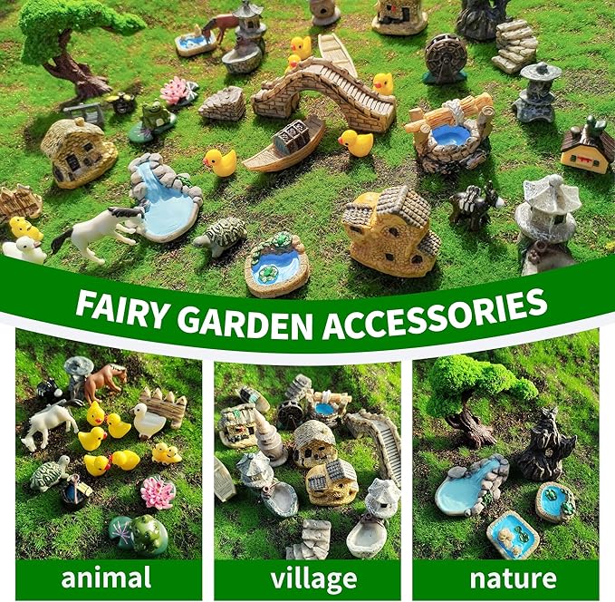 37PCS Fairy Garden Accessories, Miniature Nature Village Theme Fairy Garden Supplies for Outdoor, Mini Resin Animals House Bridge Pool Figurines Micro Landscape Succulent Plant Pots Terrarium Decor