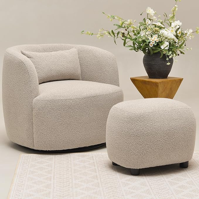 KINWELL 34" Wide 2 Boucle Swivel Barrel Chairs and 2 Ottomans Set, Fully Assembled Sherpa Accent Chairs and Footrest Set, Modern Comfy Armchairs and Footstool for Living Room and Bedroom, Taupe