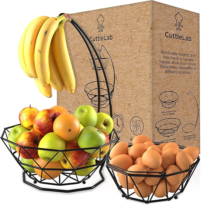 Fruit Basket with Banana Hanger and Fruit Bowl. Kitchen Counter Fruit Bowl with Banana Holder used as Bread, Vegetable or Produce Basket, Egg Holder, 2 Tier