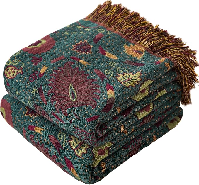 Boho Throw Blanket Twin Size, Soft Cozy Cotton Muslin Quilt Blanket for Bed Decor, Floral Patterned Couch Sofa Chair Cover, Vintage Farmhouse Cottage Tapestry Woven Blanket, Green&Orange