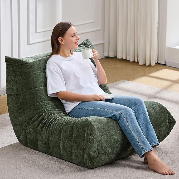 Bean Bag Chairs for Adults Giant Bean Bag Chair Memory Foam BeanBag Chair Big Bean Bag Sofa with Filler Faux Fur Fireside Beanbags Lazy Sofa for Living Room Bedroom Dorm Office (Green Chenille)