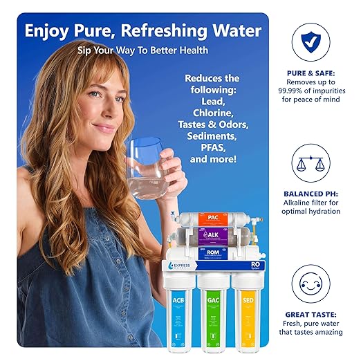 Express Water Reverse Osmosis Alkaline Water Filtration System – 10 Stage RO Water Filter with Faucet and Tank – Under Sink Water Filter with Alkaline Filter for Added Essential Minerals – 50 GPD