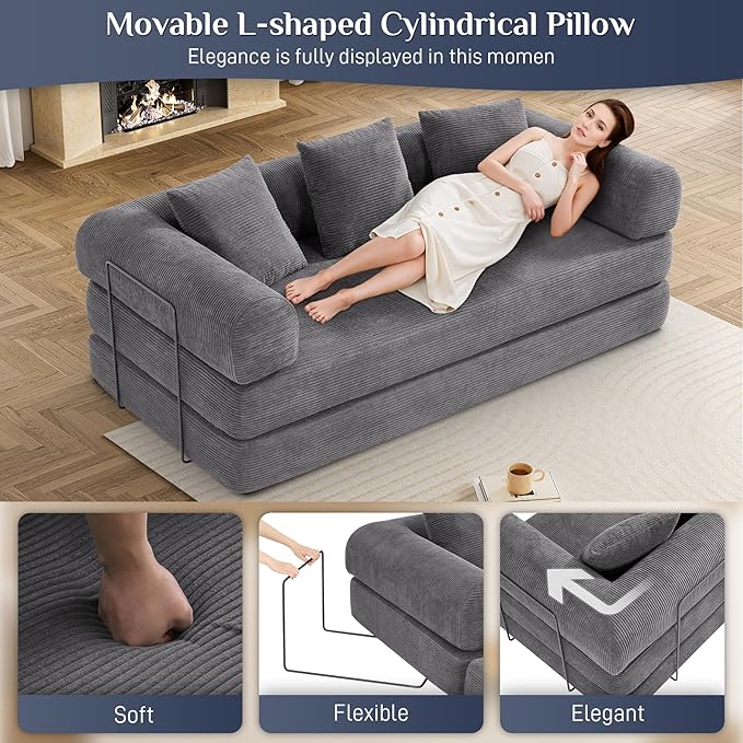 Convertible Sleeper Sofa Bed with Pillow, 4-in-1 Corduroy Folding Mattress Couch with Fixed-Shape Frame, Futon Fold Out Floor Sofa Cama Lounge Couch for Living Room Bedroom Studio, Grey