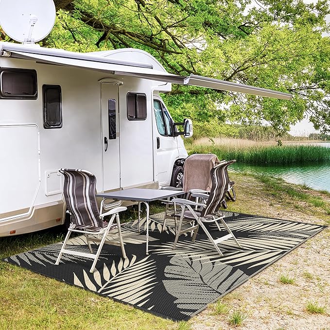 GENIMO Outdoor Rug 5' x 8' Waterproof for Patios Clearance, Reversible Outdoor Plastic Straw Camping Rug Carpet, Large Area Rugs Mats for RV, Picnic, Backyard, Deck, Balcony, Porch, Beach, Black&Beige