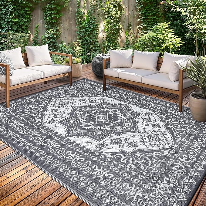 GAOMON Outdoor Patio Rug 9x12 Waterproof Reversible Plastic Straw Rug, Large UV-Resistant Portable RV Camping Mats, Indoor Outdoor Rugs for Outside Deck Porch Garden RV, Gray & White