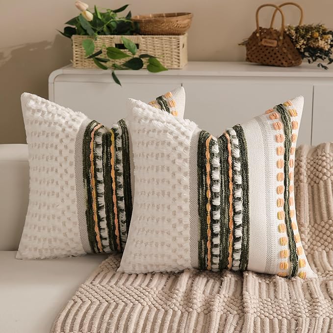 Boho Chenille Tufted Couch Throw Pillow Covers 18x18 Inch Set of 2 Farmhouse Striped Decorative Pillow Covers Accent Neutral Pillowcase Dark Green Cushion Cover for Living Room Sofa Bed