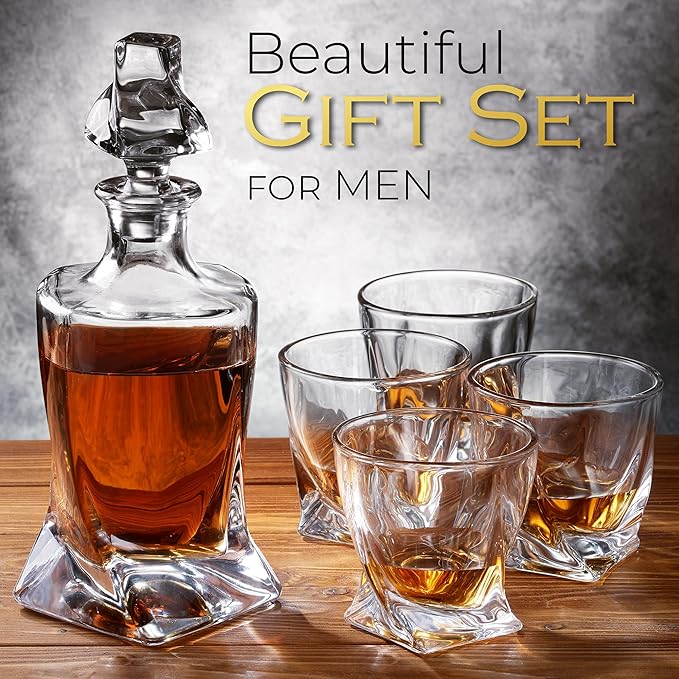 Whiskey Decanter Set for Men with 4 Drinking Glasses for Cognac, Bourbon, Rum, Scotch, Liquor Crystal Clear Decanter Sets House Warming Gifts New Home Whiskey Gifts for Men Dad Him