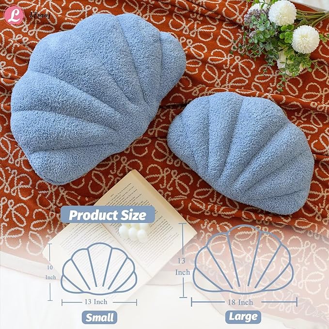 Dusty Blue Seashell Throw Pillows, Shell Shaped Throw Pillows, 13 Inch Soft Home Decorative Pillow Plush Cushion for Bed Couch Living Sofa Room Decor Accent Throw Pillow