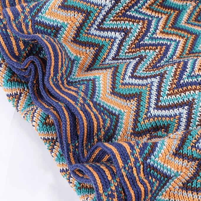 Boho Throw Blanket - Bohemian Fringe Tassels， for Bed Couch Soft ChairBlanket Double Sided (50"x70") (Blue)