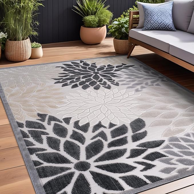 Beverly Rug Outdoor Rug 9x12 Large Modern Floral Tropical Area Rugs for Indoor and Outdoor Patio Easy to Clean Non Shedding Living Room Porch Garden Washable Outside Carpet (9 x 12 Beige)