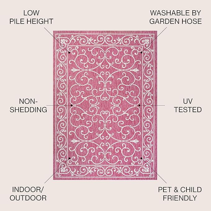 JONATHAN Y Vintage Filigree Indoor Outdoor Area Rug 9X12 Fuchsia/Light Gray, Charleston Textured Weave for Backyard, Patio, Porch, Easy-Cleaning, High Traffic, Pet-Friendly, Non-Shedding (SMB106J-9)